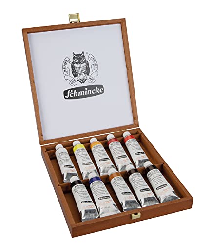 Schmincke - MUSSINI® finest resin oil colors, 10 x 35 ml set, 70 010 097, wooden box walnut-tinted, resin oil color based on recipes of old masters - size: 11.83 Fl Oz (Pack of 1)