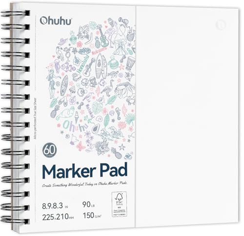 Ohuhu Double-Sided Marker Pad Art Sketchbook Bleedproof - 8.3"x8.3" Square Paper Size - 90 LB/150 GSM Smooth Drawing Paper - 60 Sheets/120 Pages, Spiral Bound Sketching Book for Alcohol Markers - size: 8.3" x 8.3"