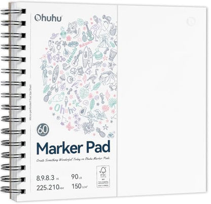 Ohuhu Double-Sided Marker Pad Art Sketchbook Bleedproof - 8.3"x8.3" Square Paper Size - 90 LB/150 GSM Smooth Drawing Paper - 60 Sheets/120 Pages, Spiral Bound Sketching Book for Alcohol Markers - size: 8.3" x 8.3"