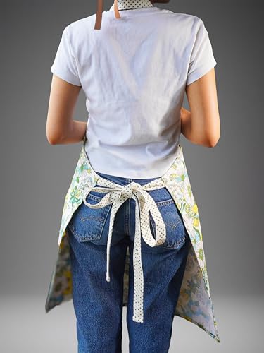100% Cotton Printed Kitchen Apron with 2 Pockets for Men and Women – Adjustable Chef Apron - Machine Washable - color: Floral Yellow