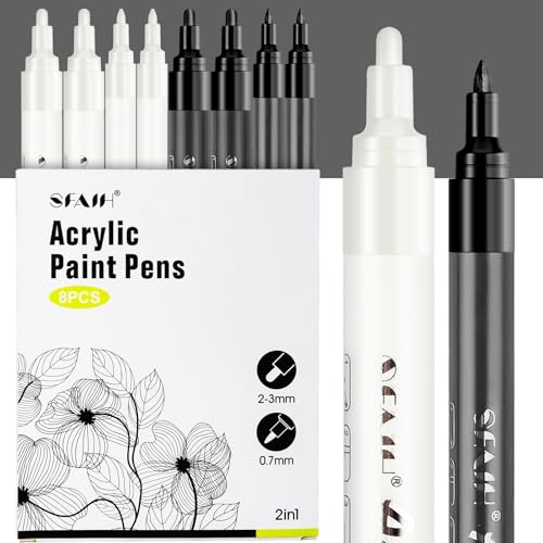 SFAIH Black & White Acrylic Paint Markers - 8 Pack 2-3MM Medium Tip & 0.7MM Extra Fine Paint Pens for Rock Painting, Wood, Metal, Fabric, Plastic, Canvas, Glass, Ceramic, Diy Crafts - color: Black & White