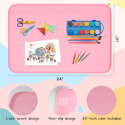 Silicone Painting Mat with Raised Sides, 24" x 16" Playdoh Art Mat | Food-Grade Silicone Art Mat for Crafts, Protects Table From Spills, Stains, Paint Mats for Clay, Jewelry-Making - color: Pink