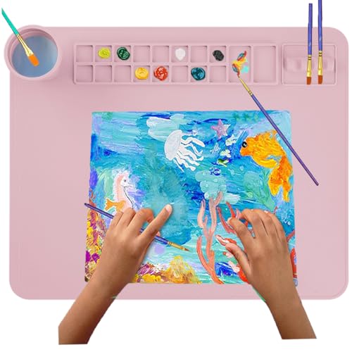Silicone Painting Mat, 20"x 16" Silicone Art Mat with Cup, Kids Painting mat for Resin, DIY, Drawing Resin, Paint, Clay， Large Craft Art Mat, (Pink) - color: Pink