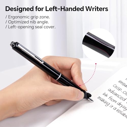 WRITECH Fountain Pen Left Handed: Retractable Style Black Ink Set Fine Nib, Includes 5 Ink Cartridges for Smooth Writing Calligraphy Journaling - color: Black