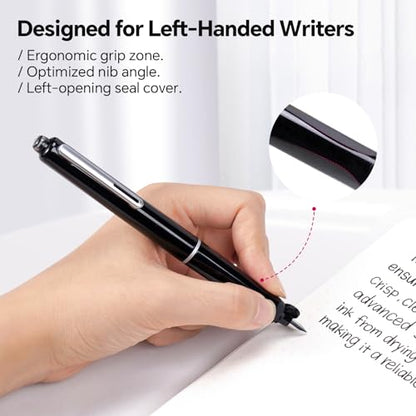 WRITECH Fountain Pen Left Handed: Retractable Style Black Ink Set Fine Nib, Includes 5 Ink Cartridges for Smooth Writing Calligraphy Journaling - color: Black