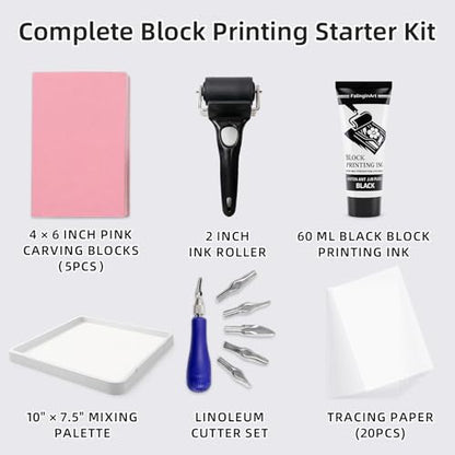 Falling in Art Linocut Kit for Printmaking, Rubber Block Stamp Printing Kit with Linoleum Blocks, Ink Paint and Brayer, DIY Carving Gift for Beginners and Artists - size: 34 Pcs