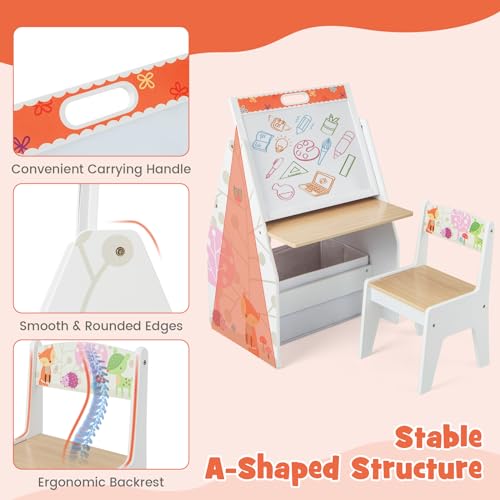HONEY JOY Kids Art Easel, Wooden Double-Sided Toddler Table & Chair Set w/Adjustable Magnetic White Board & Chalkboard, Bookshelf & Storage Bin, Arts & Crafts, Kids Art Table for Boys Girls (White) - color: White