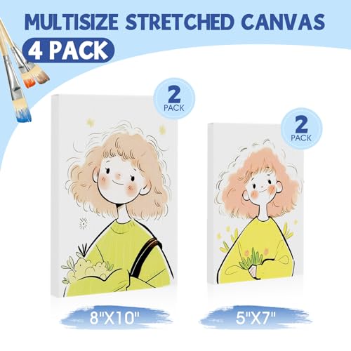 FUMILE Stretched Canvas for Painting, Canvases for Painting Multi 4 Pack 5x7,8x10 (2 of Each), Cotton Primed Acid Free Blank Canvases for Painting for Oil Paint, Acrylic Paint, Gouache and Tempera. - size: 5x7,8x10