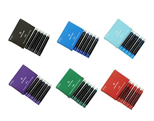 Asvine 30 PCS Hongdian Fountain Pen Ink Cartridges 6 Colors Set (Black, Blue, Green, Red, Purple, Light Blue), 3.4mm Bore Diameter - color: Mixed Color