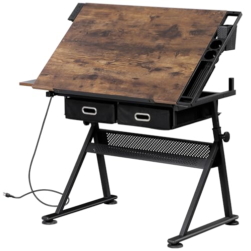 ZENY Adjustable Drafting Table with Stool, Tilting Drawing Desk Artist Table with Storage Drawers, Art Craft Workstation for Home Office Reading, Writing, Crafting - color: Retro-with Outlet