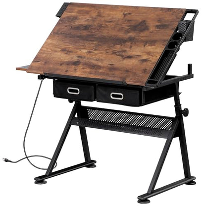 ZENY Adjustable Drafting Table with Stool, Tilting Drawing Desk Artist Table with Storage Drawers, Art Craft Workstation for Home Office Reading, Writing, Crafting - color: Retro-with Outlet