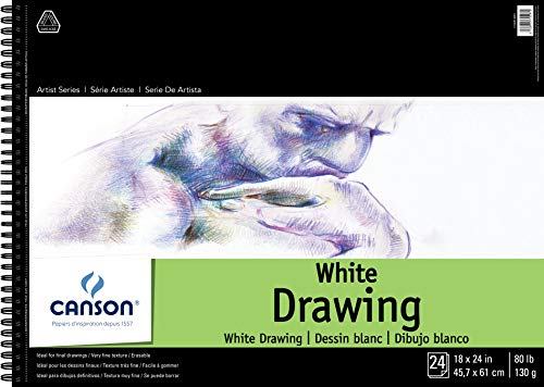 Canson Artist Series Drawing Paper, Wirebound Pad, 18x24 inches, 24 Sheets (80lb/130g) - Artist Paper for Adults and Students - Charcoal, Colored Pencil, Ink, Pastel, Marker - size: 18x24, style: White Drawing