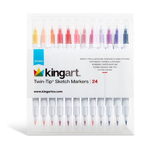 KINGART 24 pc. Dual Twin-Tip Sketch Markers, Fine Tip & Brush Tip Pens, Water-Based Ink for Coloring, Calligraphy, Journaling, Drawing, Doodling and More, Includes 24 Vivid Colors