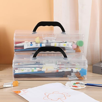 BTSKY 3 Pack Clear Plastic Painting Brush Container with Black Handle, Portable Long Paintbrush Case, Drawing Tools Storage Box, Practical Art Supply Organizer for Artist Crafters, 11.8"x3.5"x3.4"