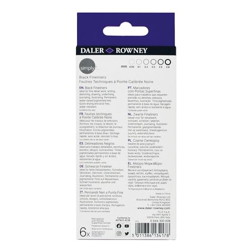 Daler Rowney Simply Fineliners Set, 6 Assorted Sizes, Black, Drawing, Illustration, Optimal for Entry-Level Artists & Hobbyists
