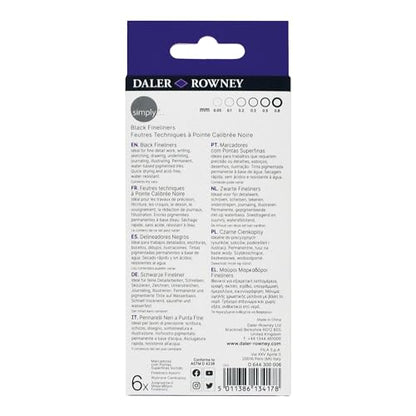 Daler Rowney Simply Fineliners Set, 6 Assorted Sizes, Black, Drawing, Illustration, Optimal for Entry-Level Artists & Hobbyists