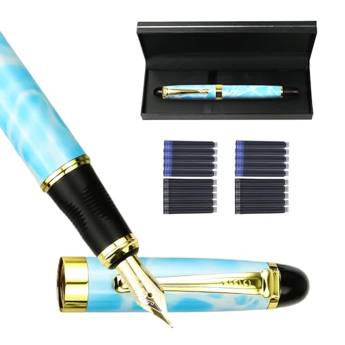 YUNCHUN Marble Fountain Pen for Writing, Refillable Luxury Metal Pens with Ink Pen with 10 Black and 10 Blue Ink Refills, Business Writing Fountain Pen for Men and Women, Marble Blue - color: Marble Blue