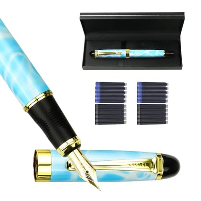 YUNCHUN Marble Fountain Pen for Writing, Refillable Luxury Metal Pens with Ink Pen with 10 Black and 10 Blue Ink Refills, Business Writing Fountain Pen for Men and Women, Marble Blue - color: Marble Blue