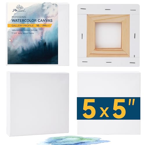 PHOENIX Gallery Depth Watercolor Canvas - 5x5 Inch/4 Pack, 1.5 in Deep 100% Cotton Water Color Square Canvases for Painting, 260g Medium Texture Canvas for Water Based Paints - size: 5"x5", style: Gallery Canvas