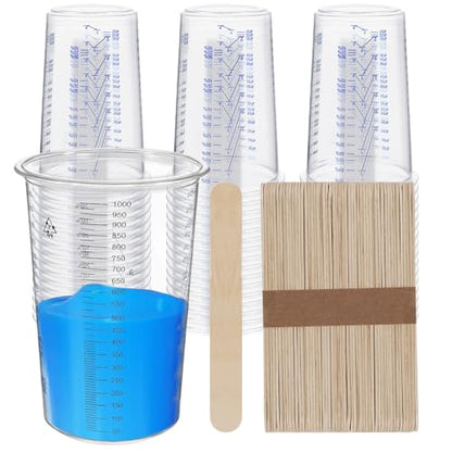 50-Pack Mixing Cups Set Paint Mixing Cups 32 oz (1000ml) with 50 Wooden Sticks,Easy Measuring Ratios 2:1, 3:1, 4:4,Ideal for Epoxy Resin, Paint, and More - size: 50P-32OZ