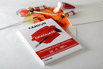 CANSON Graduate Oil and Acrylic 290gsm A4 Paper, Non-Woven, Pad Glued Short Side, 20 Natural White Sheets, Ideal for Student Artists - size: A4