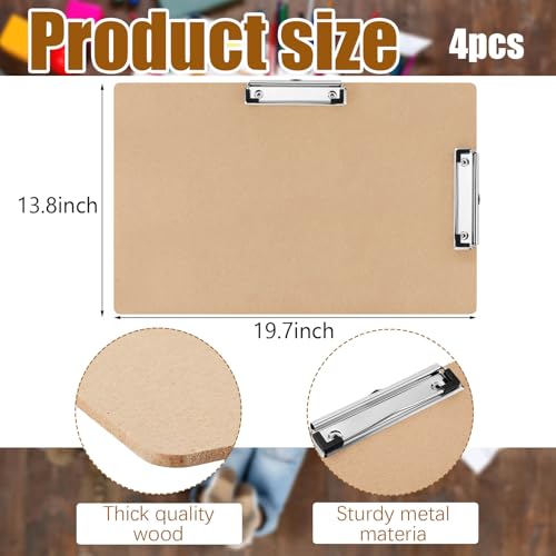 Henoyso 4 Pcs 14 x 20 Inch Extra Large Clipboard Wooden Lap Board with Low Profile Clip Brown Double Landscape Clip Hardboard Drawing Horizontal Clipboard for Paper Sketching Art Supplies