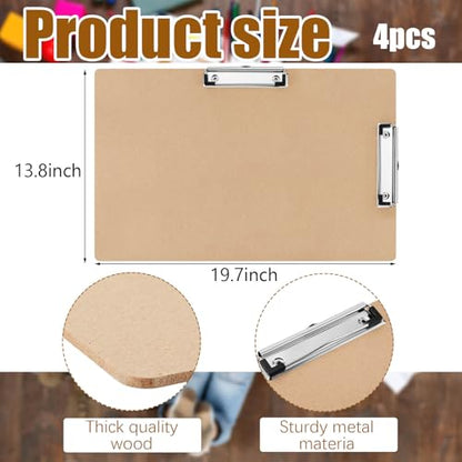 Henoyso 4 Pcs 14 x 20 Inch Extra Large Clipboard Wooden Lap Board with Low Profile Clip Brown Double Landscape Clip Hardboard Drawing Horizontal Clipboard for Paper Sketching Art Supplies