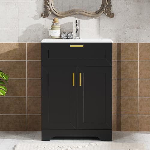 24 inch Bathroom Vanity with Ceramic Sink, Bathroom Sink and Cabinet Combo Set, Wood Vanity with Hidden Storage, Vanity Sinks for Bathrooms, Painted Surface (Black, 24 inch) - color: Black, size: 24 inch With Sink