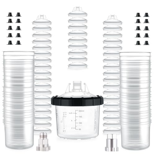AEROPRO Tools Disposable Paint Cups Liners and Lid System, 50 Pack 6 Ounce (200ml) Kit for Spray Gun-50 Cup Liners, 50 Lids with Strainer, 1 Hard Cup with Retainer Ring, 20 Plugs, 2 Cup Adapters - size: 6 oz (Mini)