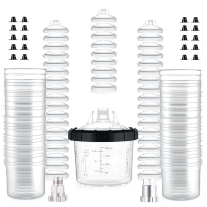 AEROPRO Tools Disposable Paint Cups Liners and Lid System, 50 Pack 6 Ounce (200ml) Kit for Spray Gun-50 Cup Liners, 50 Lids with Strainer, 1 Hard Cup with Retainer Ring, 20 Plugs, 2 Cup Adapters - size: 6 oz (Mini)