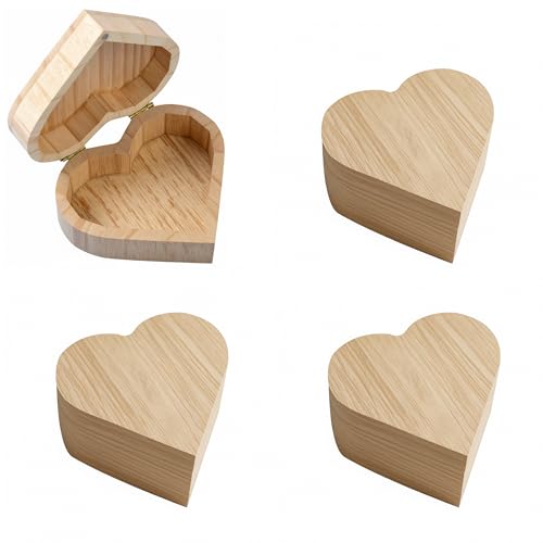 4 Pieces Heart-Shaped Unfinished Wooden Box with Lid, Natural Pine Wood DIY Craft Storage Box for Jewelry, Gift, and Valentine's Day Decoration, Unpainted Wooden Keepsake Box, 5.1x5.1x2.8 Inch - size: 4-Pack Heart-Shaped Boxes