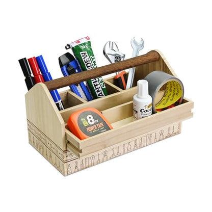 Ikee Design Small Wooden 5-Compartment Craft Tool Box Caddy with Drawer and Handle, Desk Art Supply Storage Organizer for Craft Tools, Makeup Essentials, 10 W x 4.9 D x 5.5 H in - color: Natural with Pattern