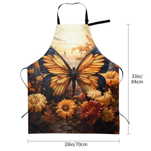 Prancing Brown Horse Heavy Duty Waterproof Apron with Pockets for AdultsResistant Grilling, Gardening, Painting - color: Orange Yellow Butterfly Field Flowers