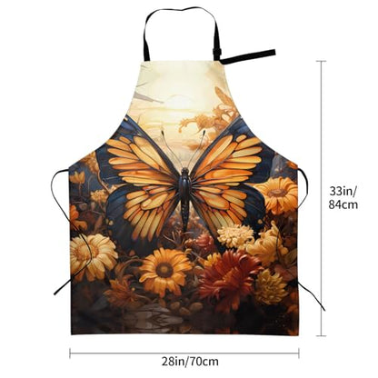 Prancing Brown Horse Heavy Duty Waterproof Apron with Pockets for AdultsResistant Grilling, Gardening, Painting - color: Orange Yellow Butterfly Field Flowers