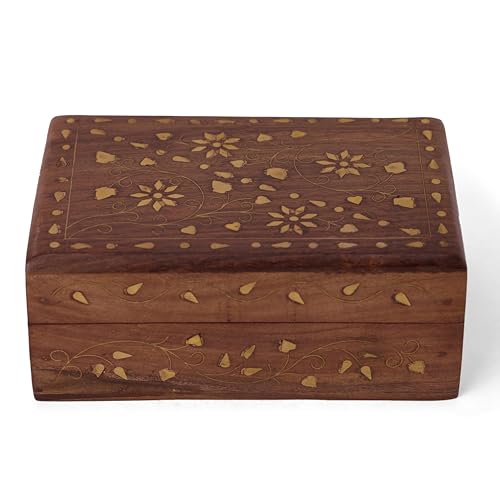 GURU JEE Wooden Hand Carved Decorative Vintage Trinket Jewellery Box Brass Inlay Floral Design - color: FLBRS_7X5