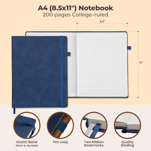 Classic Lined Journal Notebook 8.5x11" A4 Hardcover Leather - Blue - 200 Pages College Ruled Large with Sticky Tabs, Pockets, and Pen Loop for Writing and Journaling - Big Hardback Men and Women - color: Blue, size: A4 200 Pages