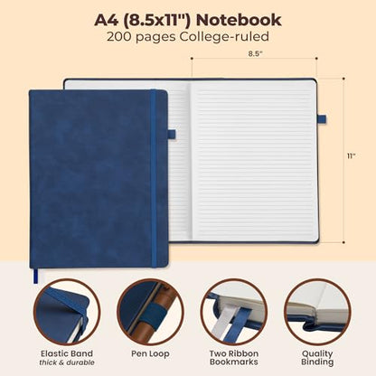 Classic Lined Journal Notebook 8.5x11" A4 Hardcover Leather - Blue - 200 Pages College Ruled Large with Sticky Tabs, Pockets, and Pen Loop for Writing and Journaling - Big Hardback Men and Women - color: Blue, size: A4 200 Pages