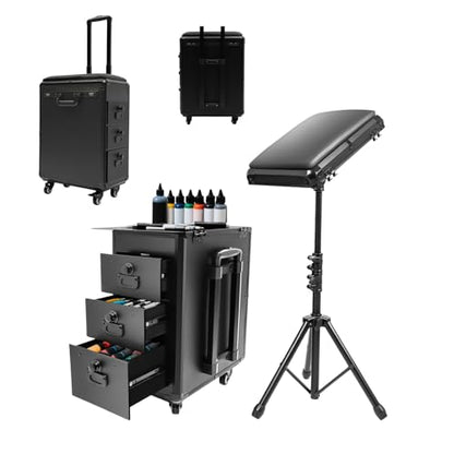 Tattoo Travel Case on Wheels, Rolling Makeup Case, 3-Drawer Tattoo Station with Adjustable Tattoo Armrest Stand, Tattoo Suitcase & Mobile Cosmetology Station, 44 lbs Capacity (Metal Plate) - style: Metal Plate
