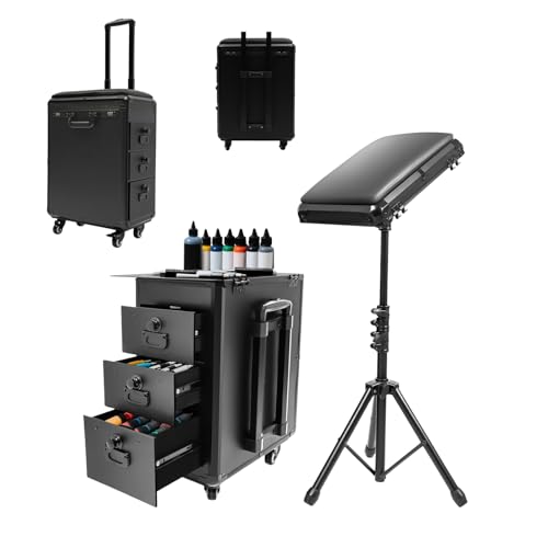 Tattoo Travel Case on Wheels, Rolling Makeup Case, 3-Drawer Tattoo Station with Adjustable Tattoo Armrest Stand, Tattoo Suitcase & Mobile Cosmetology Station, 44 lbs Capacity (Metal Plate) - style: Metal Plate