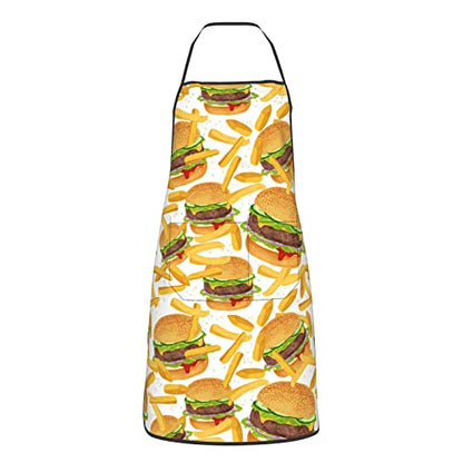 Mexican Floral Aprons, Waterproof Adjustable Apron for Kitchen Bbq with 2 Pockets, Gifts for Women Men - color: Delicious Burger and Fries