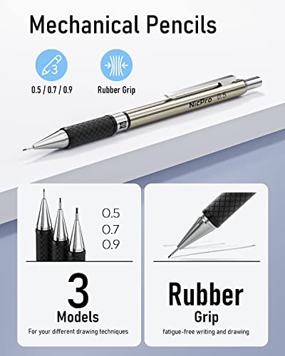 Nicpro 6PCS Art Mechanical Pencil Set, 3PCS Metal Drafting Pencil 0.5 mm & 0.7 mm & 0.9 mm & 3PCS 2mm Graphite Lead Holder (2B HB 2H) For Writing, Sketching Drawing With Lead Refills Case - color: Silver