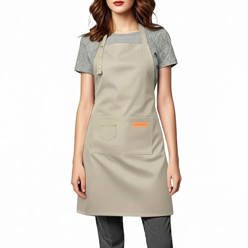 Kitchen Cooking Apron for Women Men Water-Resistant Artist Barista Baking Craft Catering Work Bib with Large Pockets - color: Beige