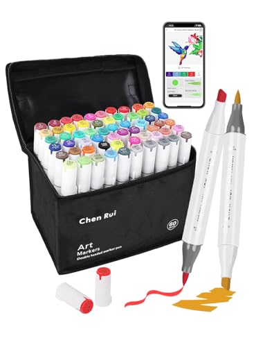 60 Colors Alcohol Markers Brush and Chisel Tip with APP Chen Rui Markers | Dual Tips | Alcohol-Based | Blendable | Non Toxic | No Bleeding | for Artist Adults Coloring Drawing Illustration Sketching - color: 60 Colors