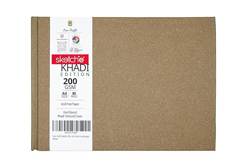 Creo Crafts Sketche Khadi (Cover) Hardcover Sketch Book A4 | 40 Sheets / 80 Pages | 200 GSM Acid-Free Cartridge Paper | Good for Marker Watercolor, Acrylic, Ink, Oil Pastel, Pencil (Landscape) - size: A4