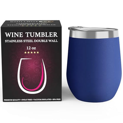 CHILLOUT LIFE 12 oz Stainless Steel Wine Tumbler with Lid - Double Wall Vacuum Insulated Wine Cup Glass Keeping Cold & Hot for Coffee, Champagne, Cocktails, Ice Cream - Powder Coated Navy Blue - color: Navy Blue, style: 1 Pack