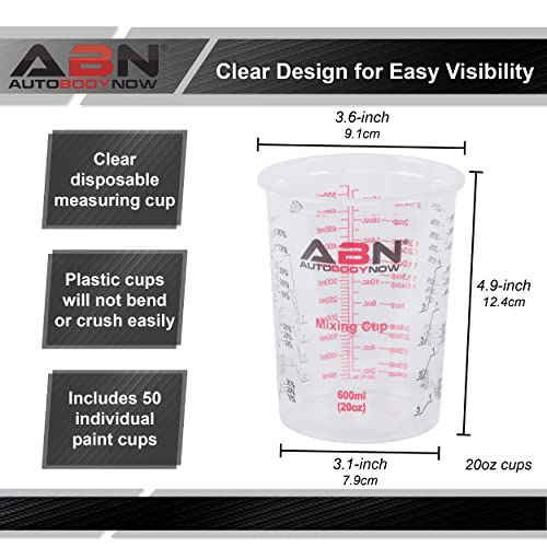 ABN Automotive Paint Mixing Cups - 50 Pack 20oz Plastic Measuring Mixing Cups for Epoxy Resin, Activators, and Thinners - Bonus Mixing Sticks