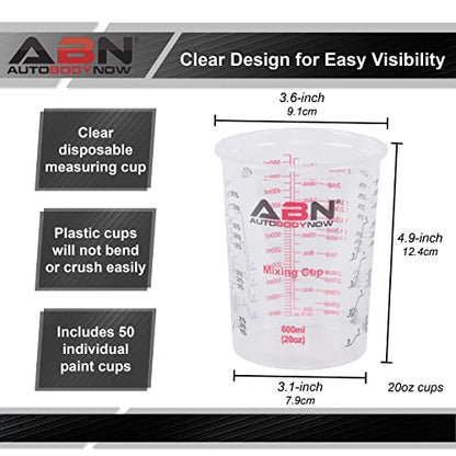 ABN Automotive Paint Mixing Cups - 50 Pack 20oz Plastic Measuring Mixing Cups for Epoxy Resin, Activators, and Thinners - Bonus Mixing Sticks