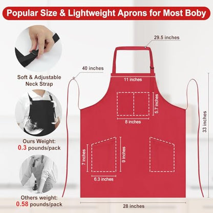SHEOMERN 3 Pcs Dual Waterproof Oilproof Kitchen Chef Aprons with 4 Pockets for Men Women, Adjustable Soft Anti-Tear Cooking Bib Apron for Baking Grilling BBQ Painting Cleaning (Red) - color: Red