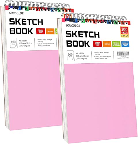 Sketchbook for Girls 9x12, 2 Pack Cute Pink Sketch Book for Teen Girls | 200 Sheets Spiral Drawing Pad, 68lb Acid-Free Erasable Paper Sketch Book for Women Teens, Art Supplies Gift Set - color: Pink, size: 9" x 12" (Pack of 2)