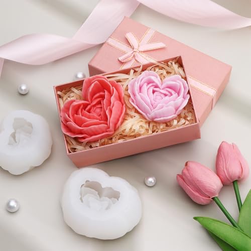 2 Pcs Rose Candle Molds, 3D Heart Rose Flower Silicone Molds, Valentine’s Day Heart Resin Casting Mold for DIY Soap Candle Wax Melt - color: Heart Rose